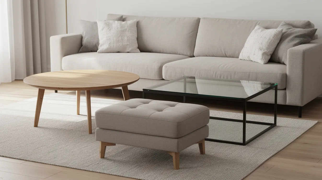 The image features a variety of coffee table shapes, including round wooden, rectangular glass, and upholstered ottoman styles, all arranged near a neutral-colored sofa in a spacious living room. This setup highlights the importance of choosing the right living room furniture to create a balanced and inviting seating area.