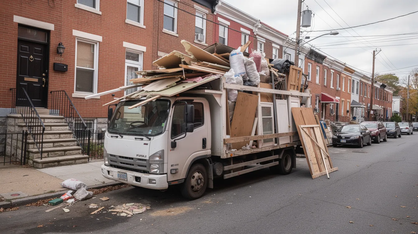 Junk removal truck filled with construction debris parked on a narrow Philadelphia residential street