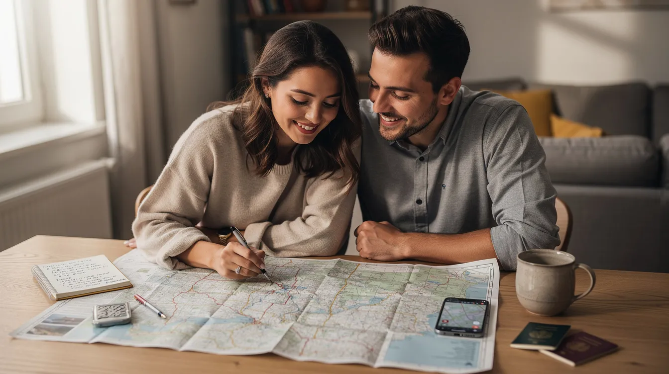 A couple, embodying true compatibility, is intently looking at a map together while planning a trip, highlighting their commitment to spending time and exploring new experiences as a team. Their connection reflects the importance of communication and understanding each other's needs in their relationship.