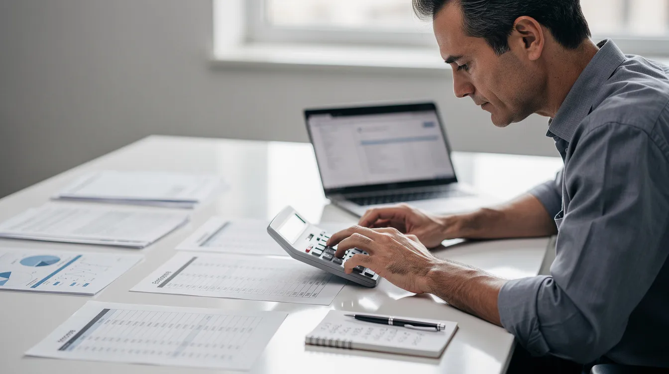 The image shows a focused individual sitting at a desk surrounded by financial documents and a calculator, indicating they are likely calculating their monthly repayment amounts for a private loan. The setting suggests a serious approach to managing personal finances, possibly involving a loan application with a bank like Welab Bank.