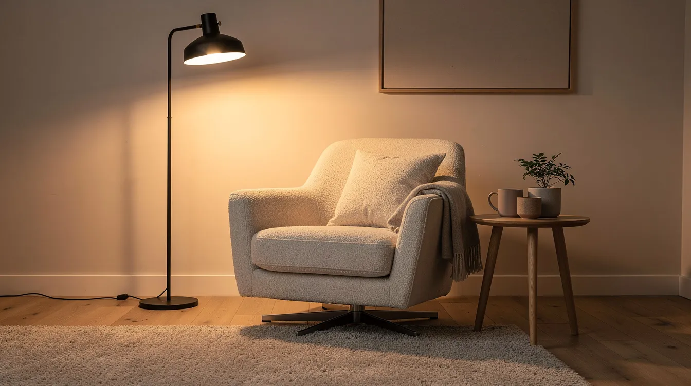 De afbeelding toont een gezellige woonkamer met een draaifauteuil in een opvallende kleur, omringd door een vloerkleed, een staande lamp en een bijzettafel. Deze moderne fauteuil biedt extra zitcomfort en is een stijlvolle toevoeging aan het interieur, perfect voor ontspanning en flexibiliteit.