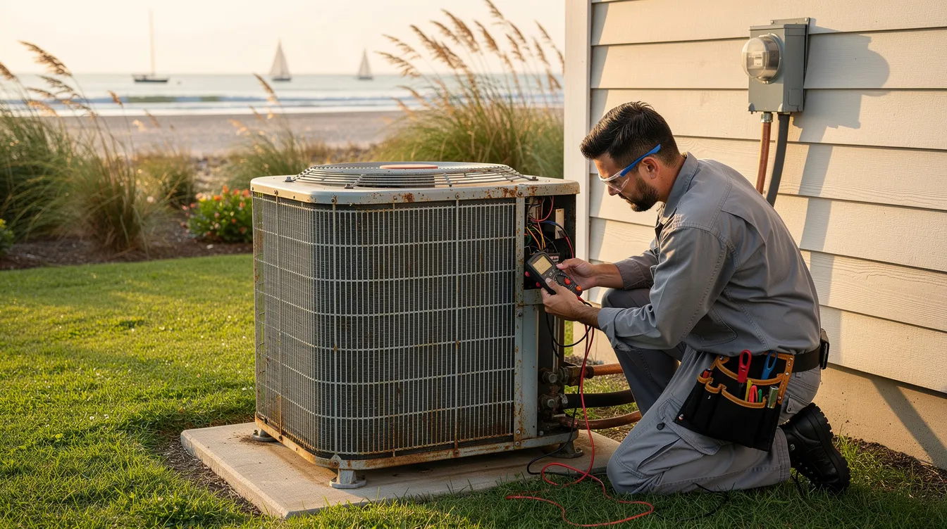 A skilled technician inspects an outdoor condenser unit in a coastal residential setting, ensuring the air conditioning system is functioning efficiently. The technician is focused on diagnosing any potential issues, such as refrigerant leaks, to maintain comfortable cooling year-round.