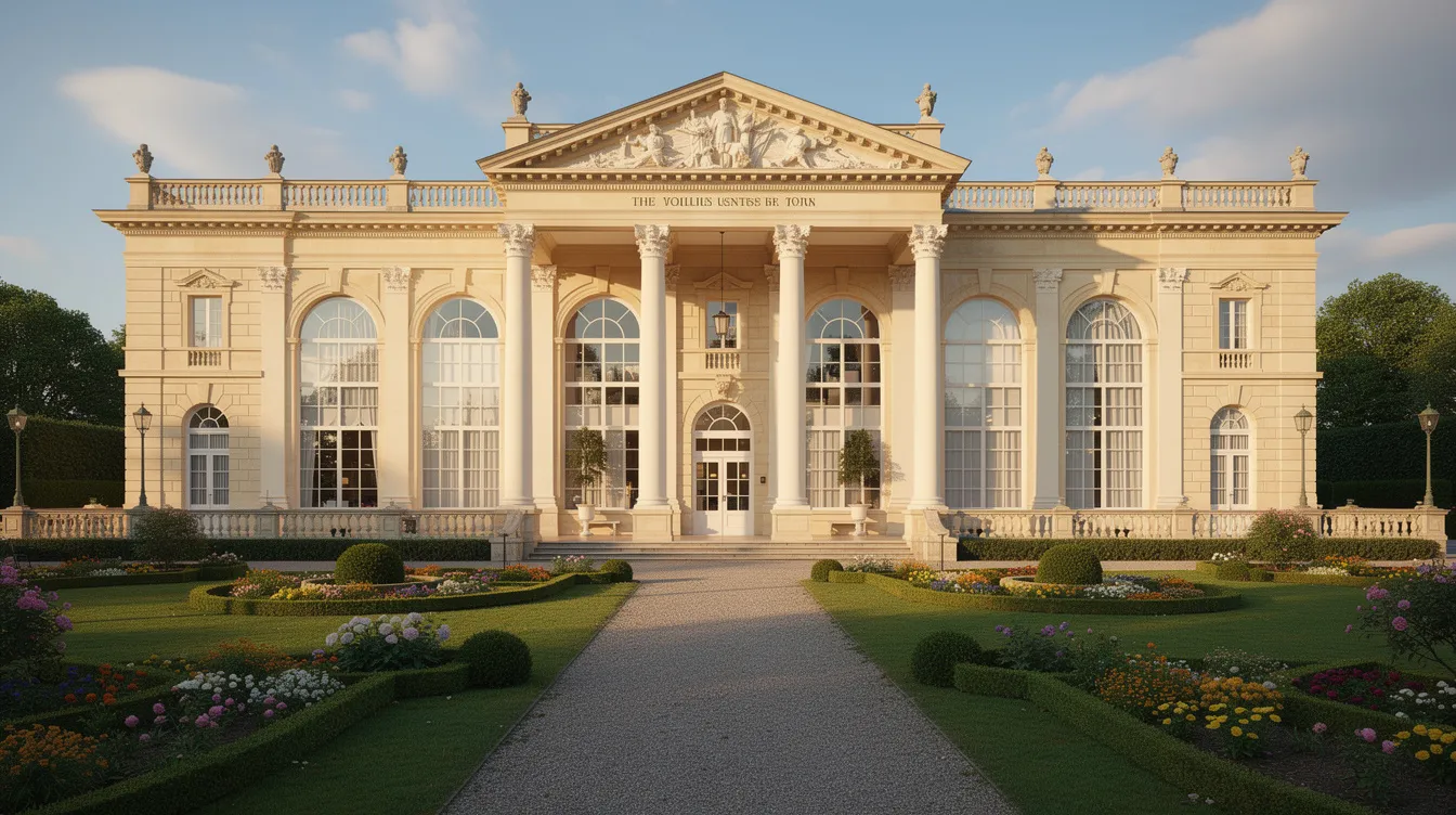 Das Bild zeigt ein historisches Kurhaus mit einer beeindruckenden Säulenfassade und einem gepflegten Vorgarten, das im klassizistischen Stil eines europäischen Badeortes gestaltet ist. Diese elegante Architektur erinnert an die gesellige Atmosphäre von Spielbanken und Casinos, wo Unterhaltung und Glücksspiele im Mittelpunkt stehen.