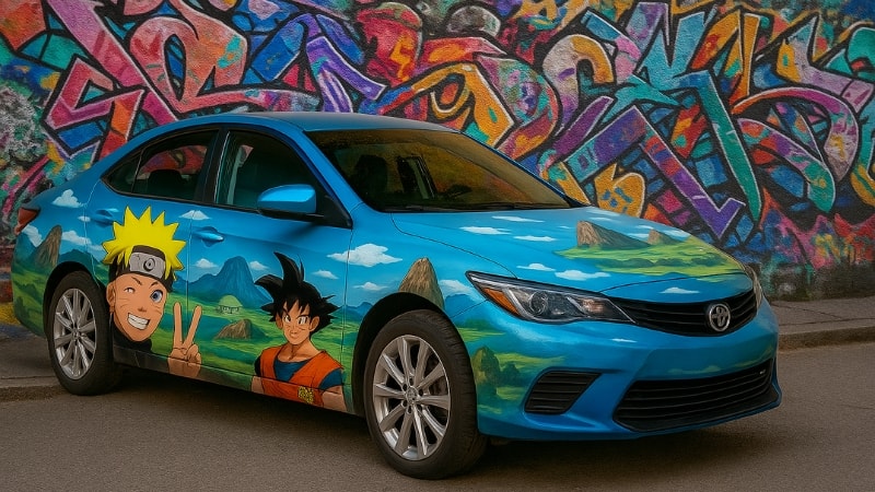 Anime vinyl wrap featuring crossover of Naruto and Dragon Ball universe