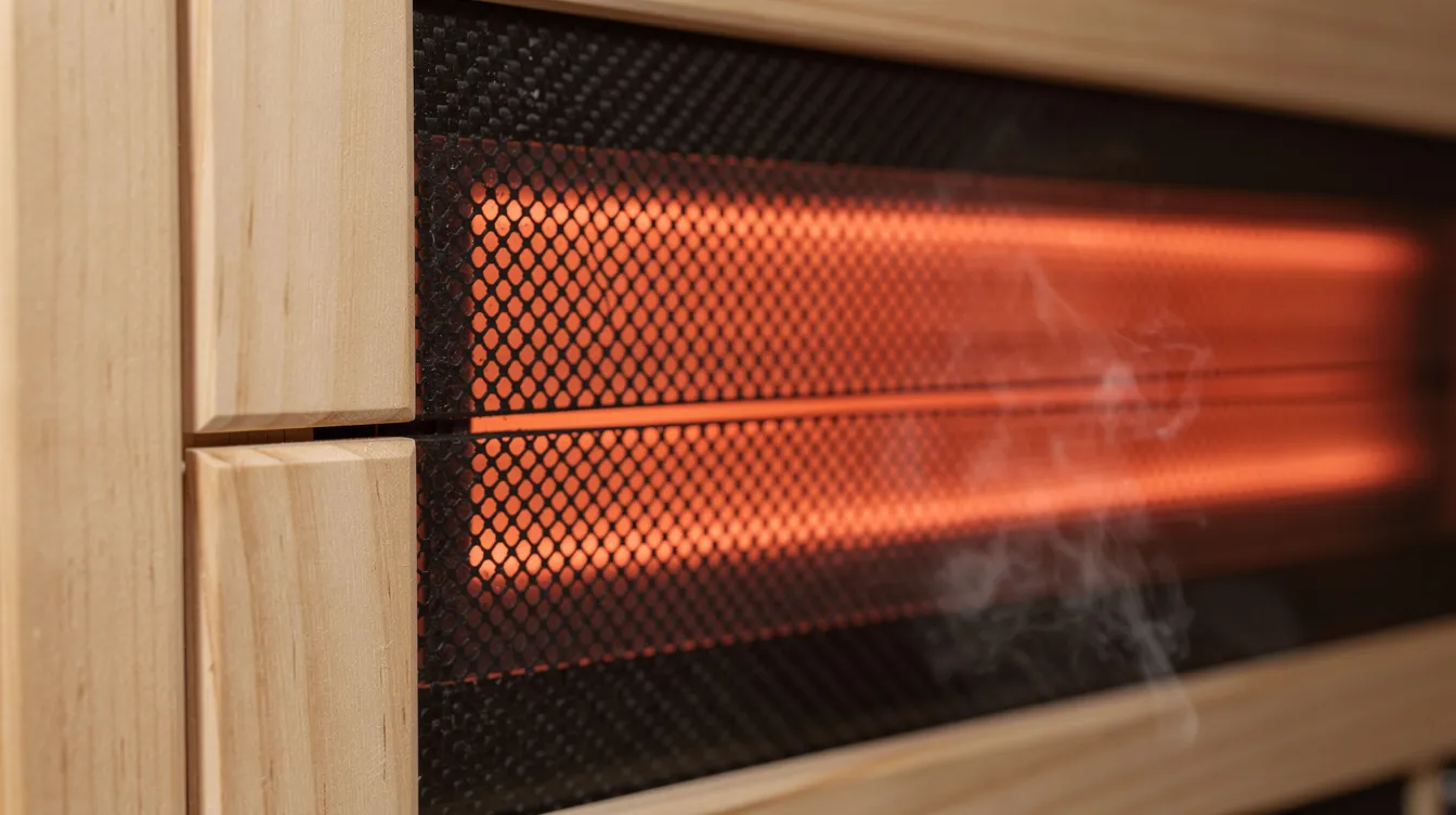 The image shows a close-up view of carbon fiber heating panels embedded within the wall of a full spectrum infrared sauna, designed to emit infrared heat for various health benefits such as improved circulation and pain relief. These panels are part of the sauna's energy-efficient system, which operates using mid and far infrared wavelengths to enhance cellular energy production and promote skin health.