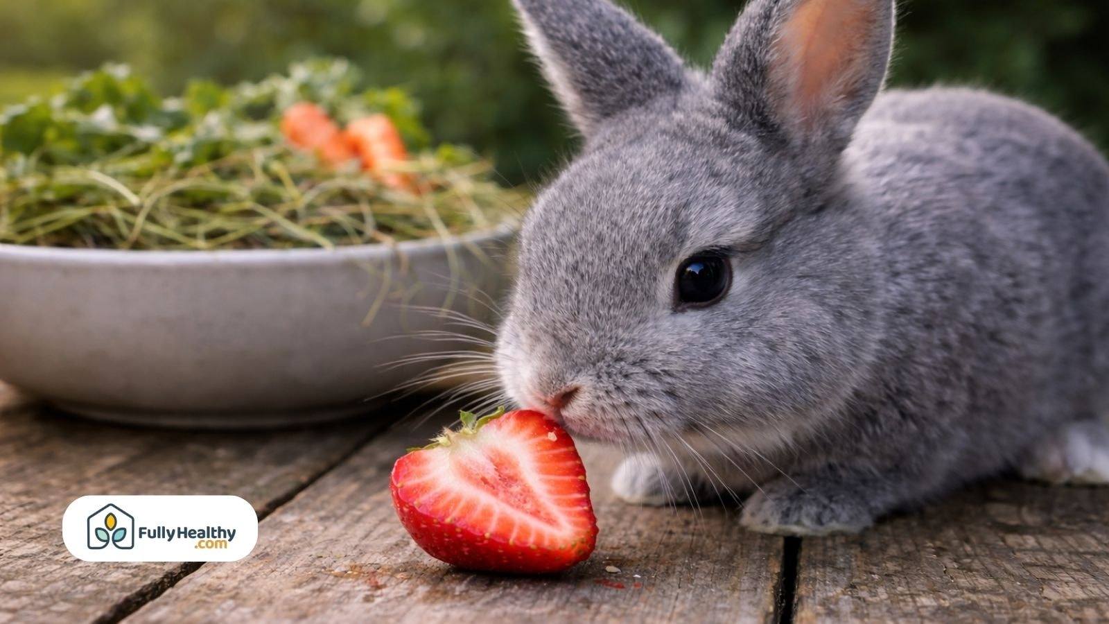 Gray rabbit nibbling fresh strawberry on wooden table with leafy greens