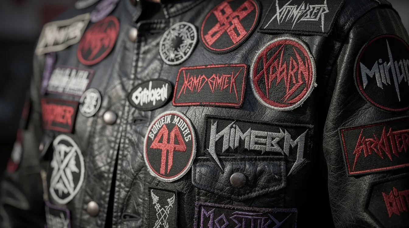 Die Nahaufnahme zeigt eine schwarze Lederjacke, die mit zahlreichen aufgenähten Patches und Aufnähern verschiedener Metal-Bands verziert ist. Diese Patches repräsentieren eine Vielzahl von Genres, darunter heavy metal, thrash metal und black metal, und zeugen von der Leidenschaft für die Metal-Musik und deren Geschichte.