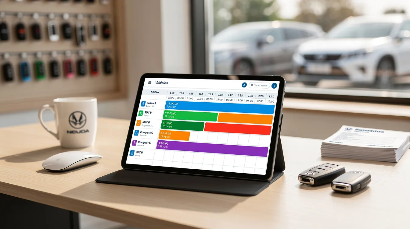Een tablet toont een kleurrijke kalender met een tijdlijn van voertuigboekingen in een autoverhuur kantoor, waarbij het gebruik van autoverhuur software de administratieve rompslomp vermindert en een actueel overzicht van reserveringen en beschikbaarheid biedt. Deze gebruiksvriendelijke interface helpt bedrijven om hun verhuurproces en wagenparkbeheer te optimaliseren.
