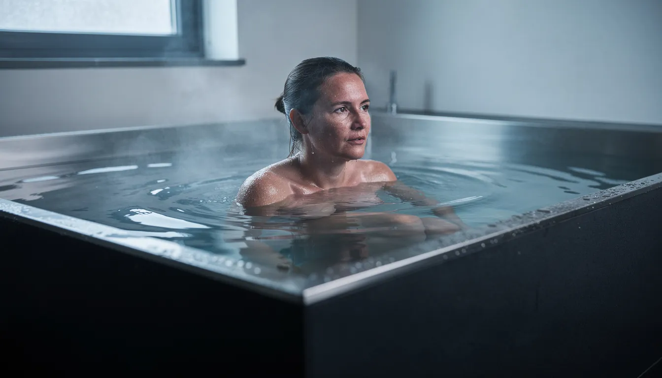 A person is seated chest-deep in a cold plunge tub filled with very cold water, experiencing the initial shock of cold exposure. This cold water immersion is part of their wellness routine, aimed at improving circulation and mental resilience.