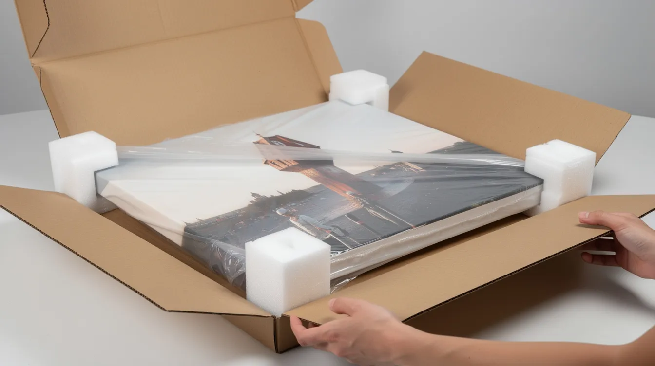 acee3487 02e9 4298 bcfd 309889c685eb The image shows a carefully packaged canvas print being unwrapped from protective cardboard boxing, with corner guards visible to ensure its safety. This scene captures the anticipation of revealing a high-quality photo print, perfect for preserving cherished memories in vibrant colors.