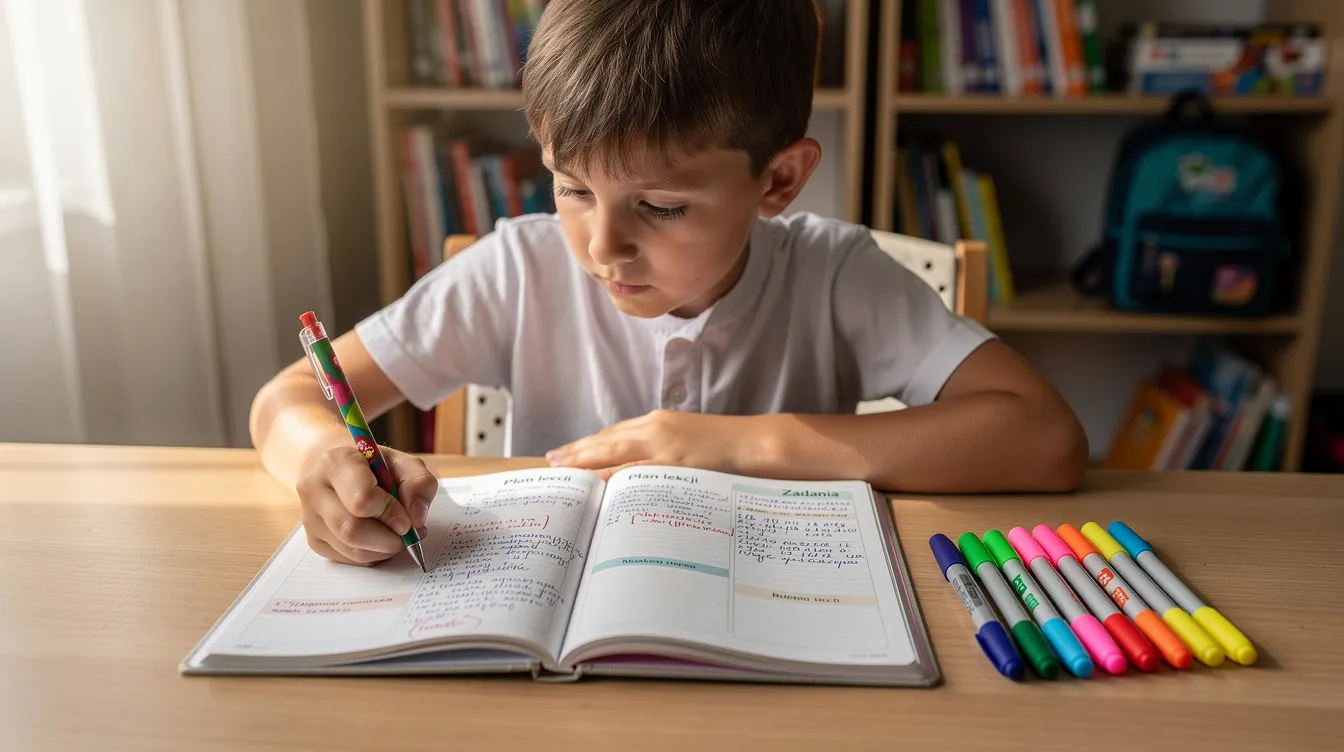 Na obrazku widać dziecko w wieku szkolnym siedzące przy biurku, z otwartym planerem dnia dziecka oraz kolorowymi długopisami. Dziecko planuje swoje obowiązki domowe i zajęcia dodatkowe, co pomaga w rozwijaniu umiejętności organizacji i samodzielności.