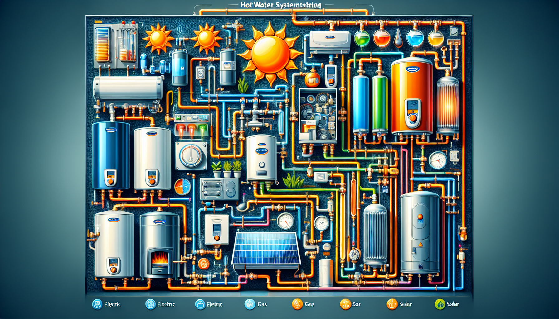 A diagram illustrating different types of hot water systems and their components.