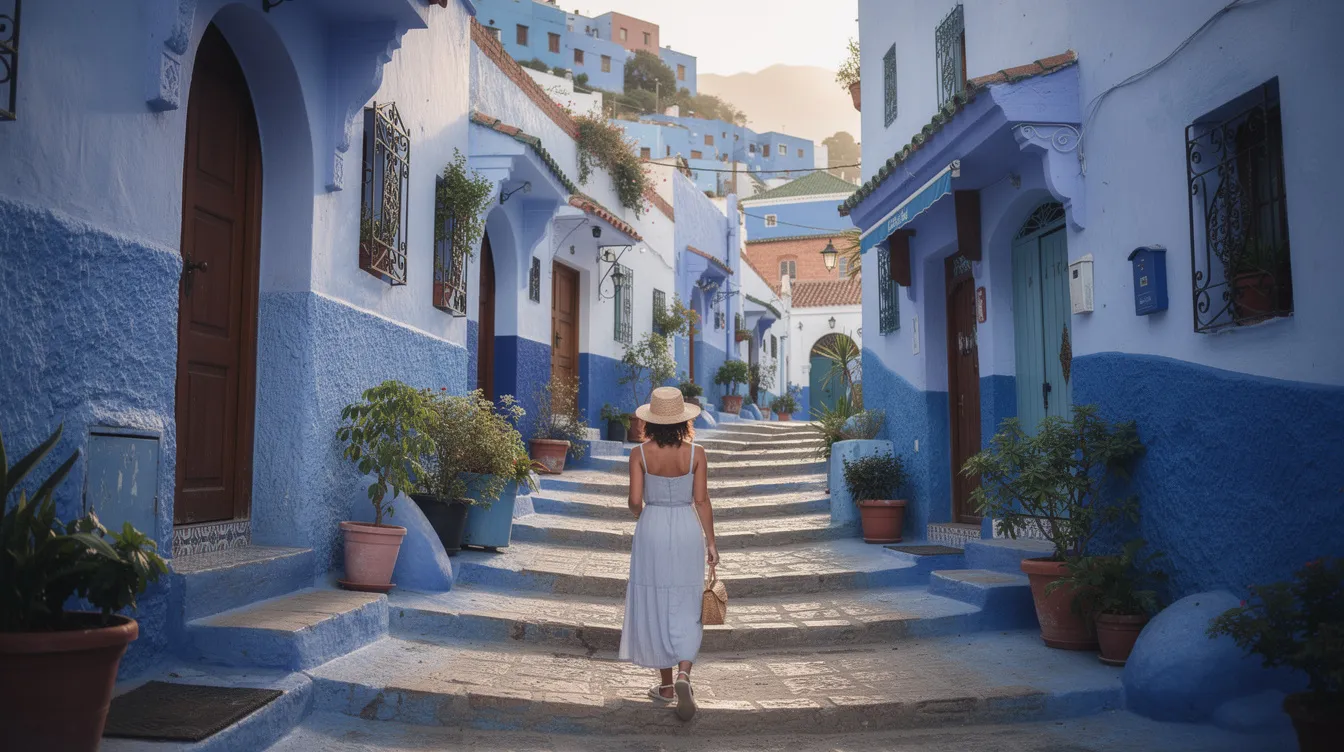 A solo female traveler walks through the narrow, blue-painted streets of a Moroccan mountain town, surrounded by traditional architecture and vibrant local culture. The scene captures the essence of Morocco as a beautiful country, showcasing its unique charm and the daily life of local Moroccan women.