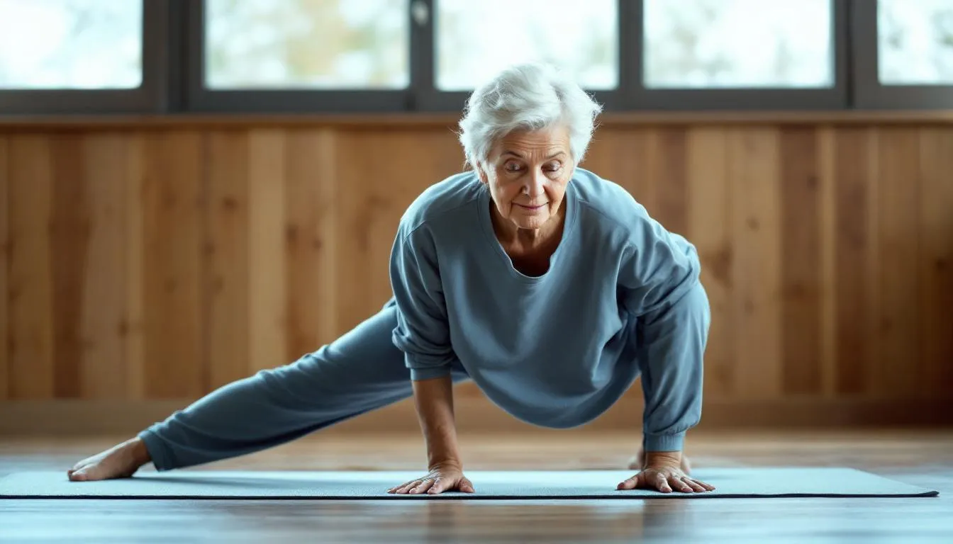 An elderly woman is gracefully performing yoga poses, showcasing her strong bones and flexibility, which highlight the importance of maintaining adequate magnesium levels for bone health and overall wellness. Engaging in such activities can also help mitigate issues related to magnesium deficiency and promote cardiovascular health.