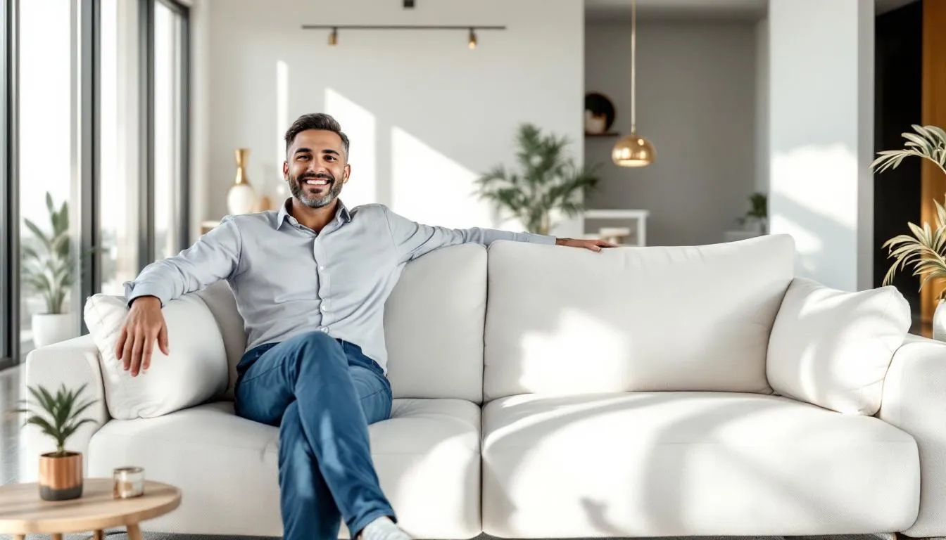 A satisfied customer enjoying their freshly cleaned sofa, showcasing the benefits of professional cleaning services.
