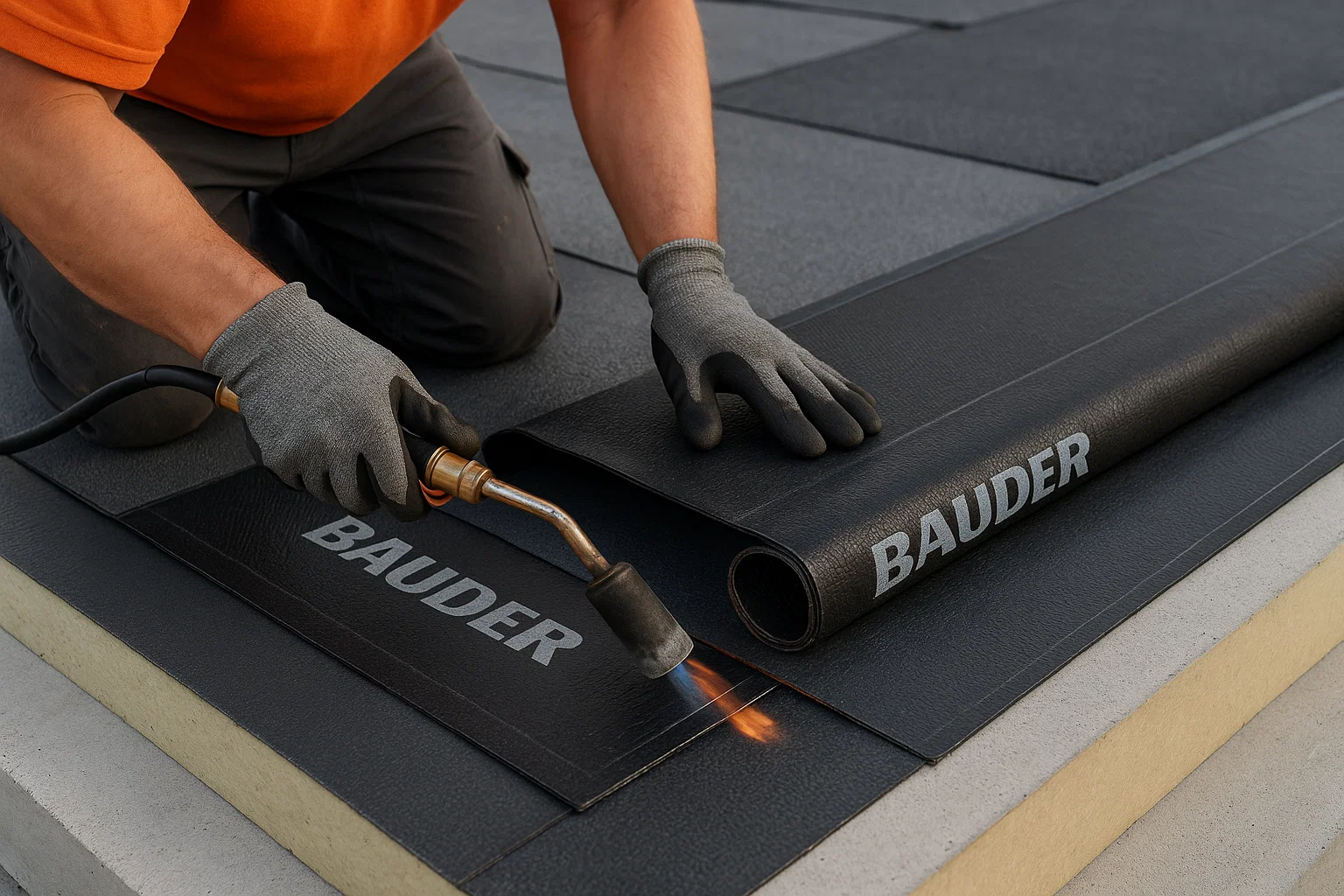 Roofer fitting reinforced bituminous membrane layers on a commercial flat roof.