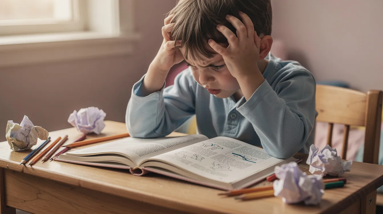 A young child sits at a desk, looking frustrated as they stare at an open book, indicating challenges with reading comprehension and literacy skills. This scene reflects the struggles some learners face in developing phonological and phonemic awareness, highlighting the importance of support and strategies in the classroom.