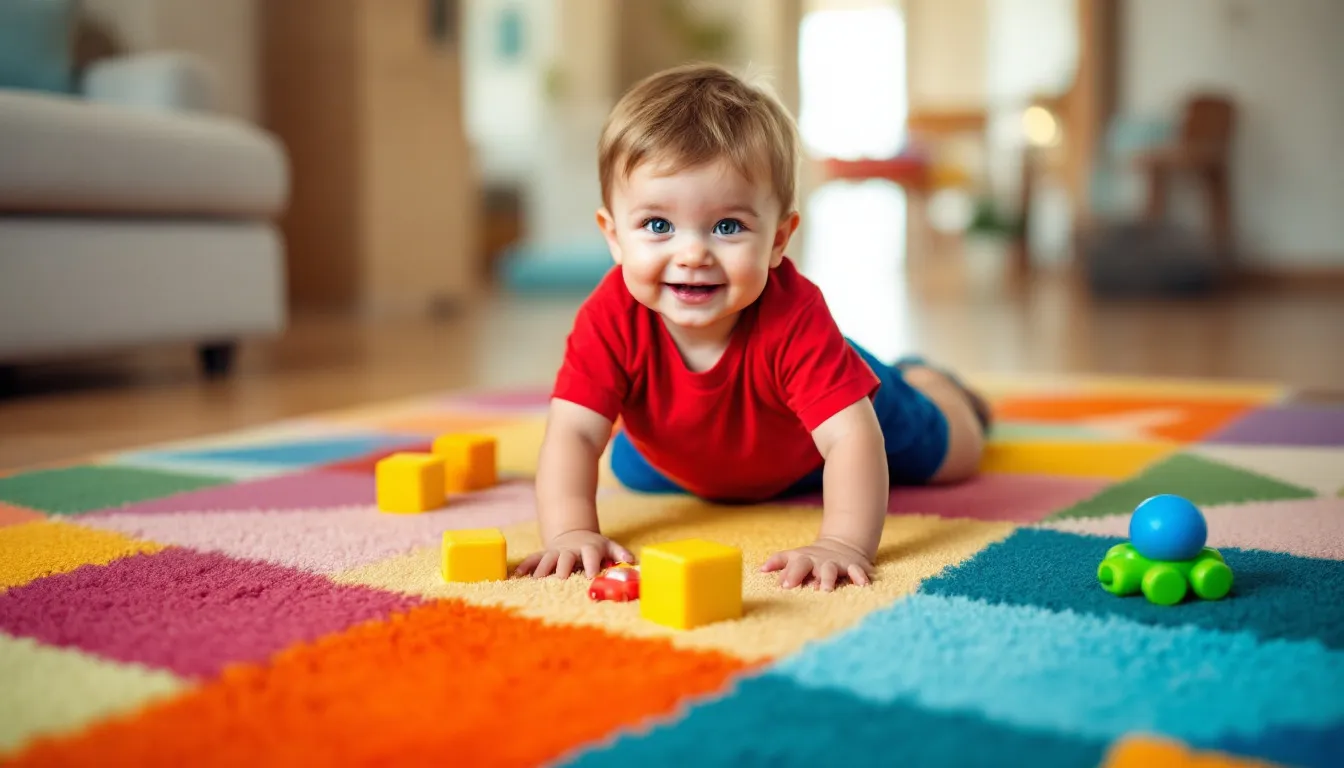 A child is happily playing on a colorful kids rug in their bedroom, surrounded by scattered toys that highlight active play. The vibrant patterns and soft texture of the rug create a fun and inviting play area, perfect for little ones to explore their imagination.