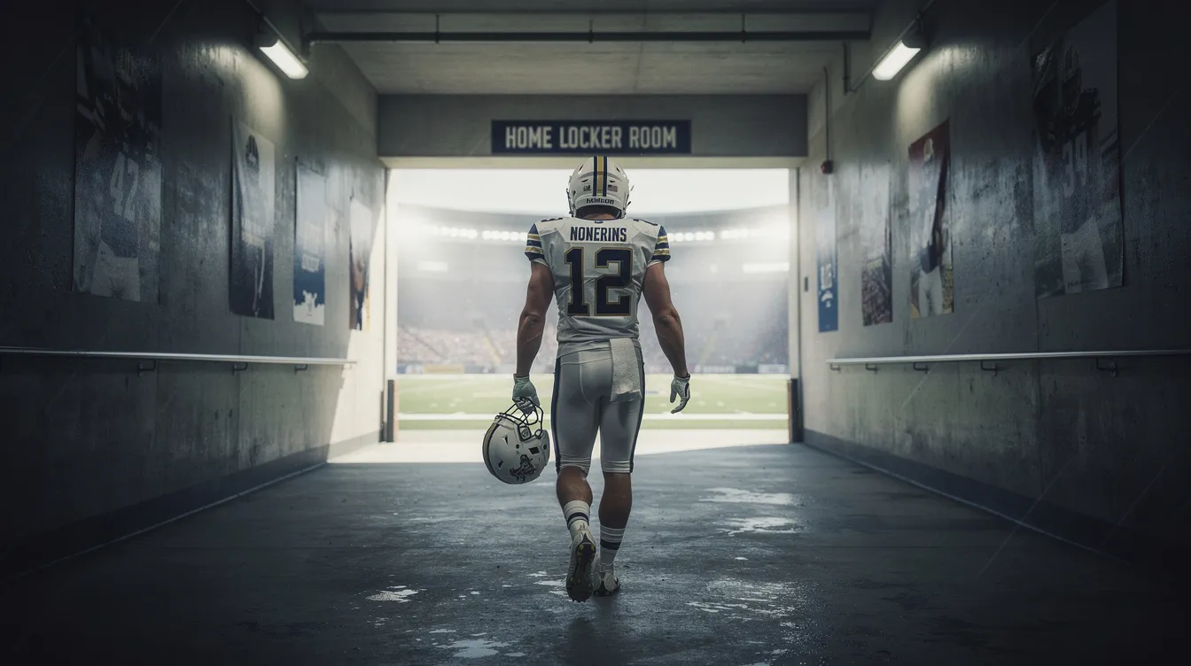 A college athlete in full uniform walks through a stadium tunnel, preparing to compete in college sports. The atmosphere is charged with anticipation, highlighting the dedication and effort of student athletes as they navigate their seasons of competition.