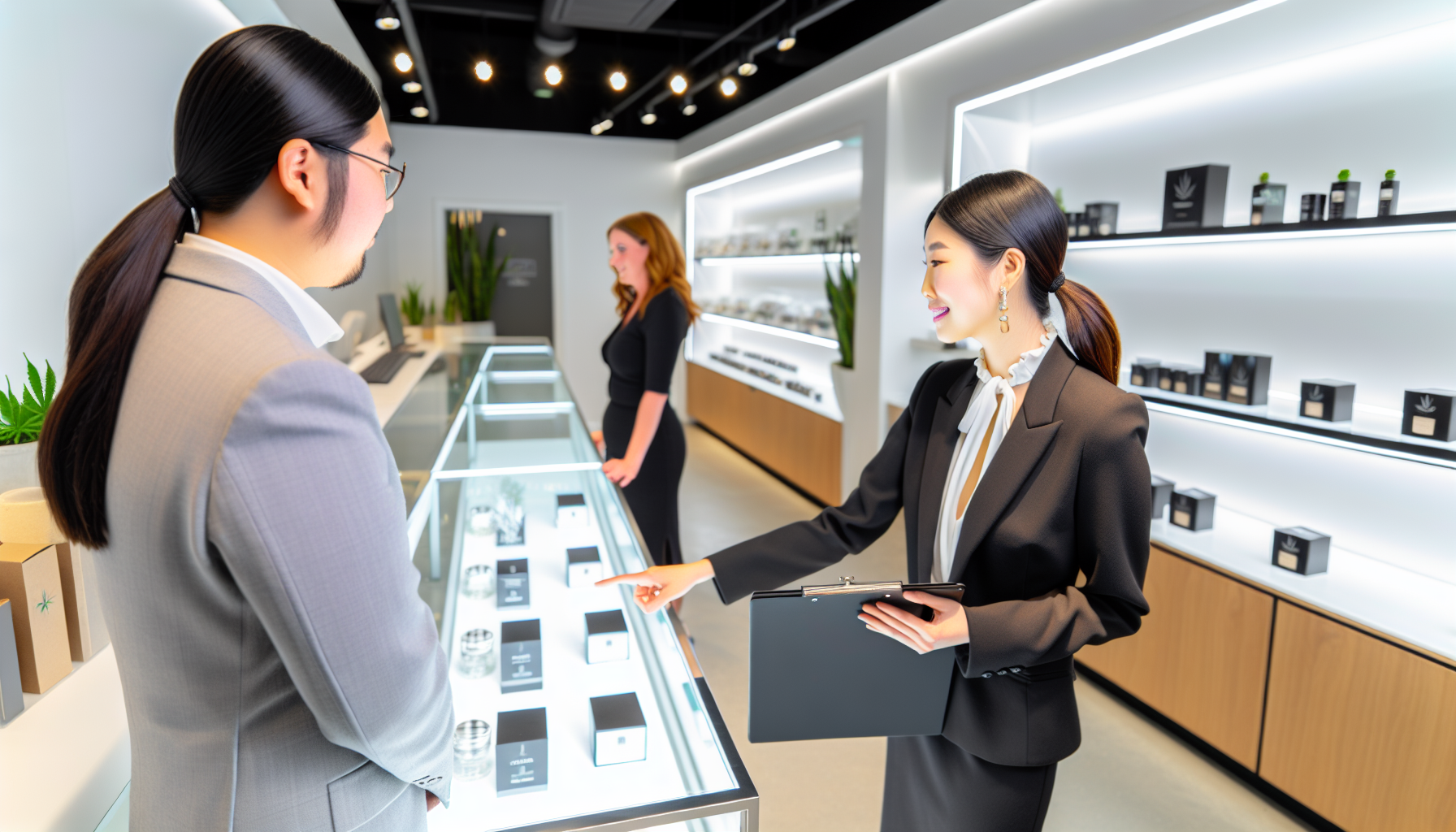 Knowledgeable staff assisting a customer in a sleek and modern cannabis dispensary