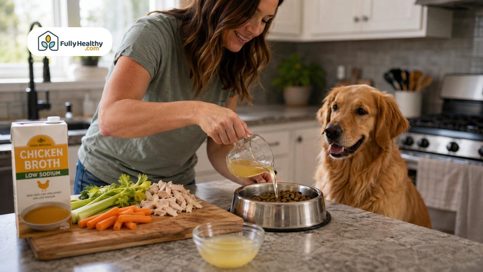 Owner pouring low-sodium chicken broth over kibble while golden retriever waits nearby