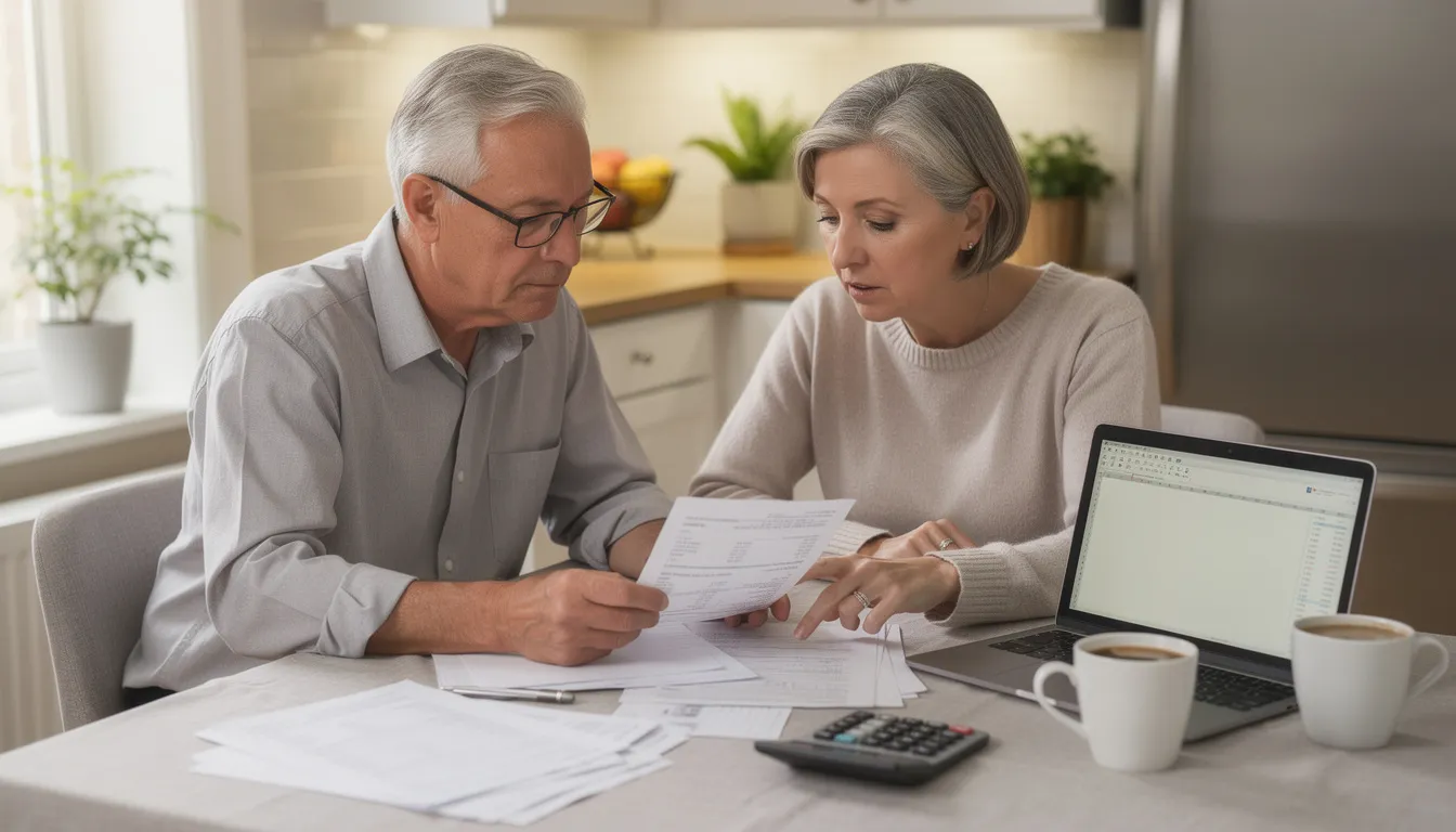 A retired couple is seated at their kitchen table, attentively reviewing various financial documents related to their retirement accounts, including details on required minimum distributions (RMD) and tax implications. They appear to be discussing their retirement savings strategies and the necessary steps to calculate their RMDs as they approach the required age.