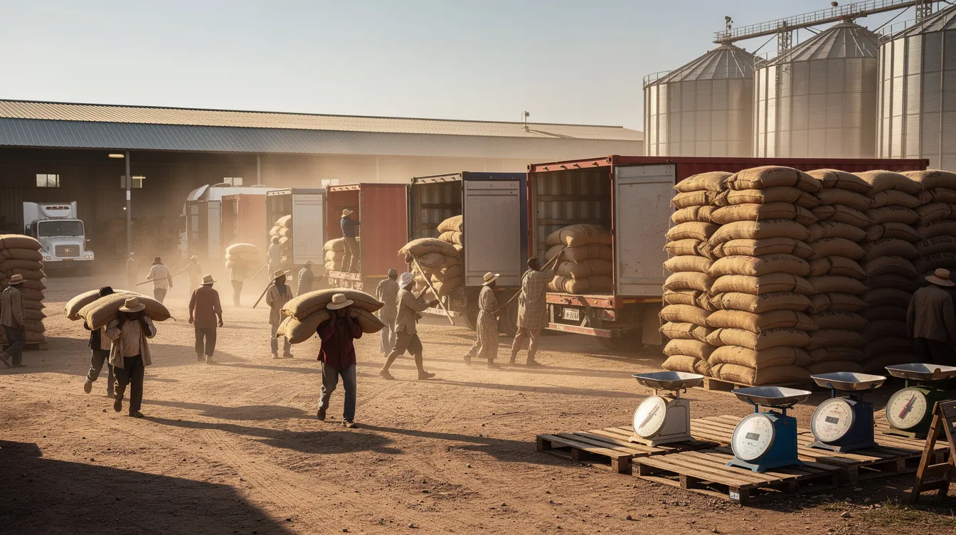 The image depicts a bustling agricultural market with trucks actively loading grain bags, highlighting the paddy procurement process essential for rice mills. Farmers and millers engage in transactions, emphasizing the logistics and inventory management involved in securing a steady supply of raw paddy for local rice production.