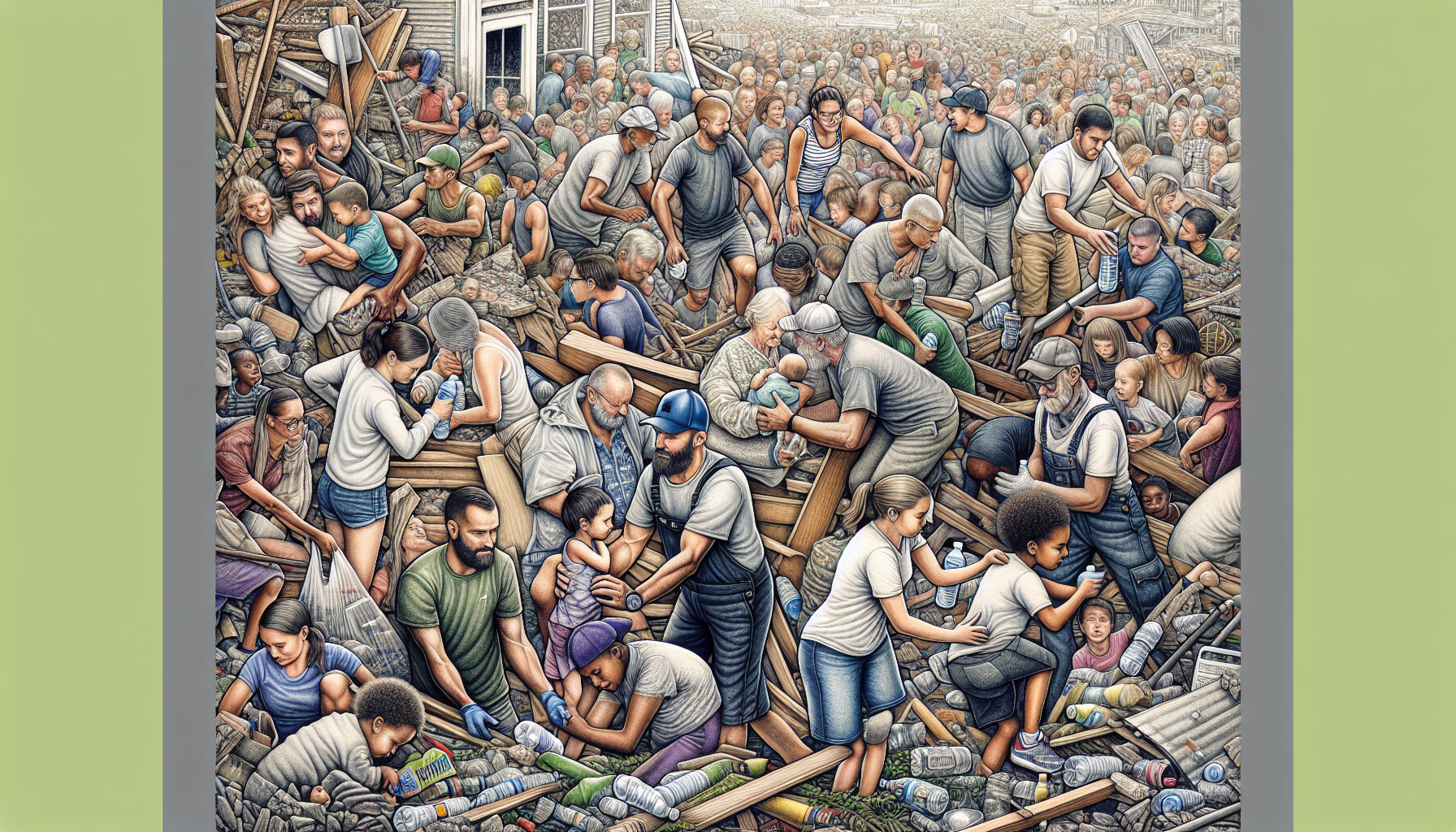 A drawing illustrating community resilience during a crisis.