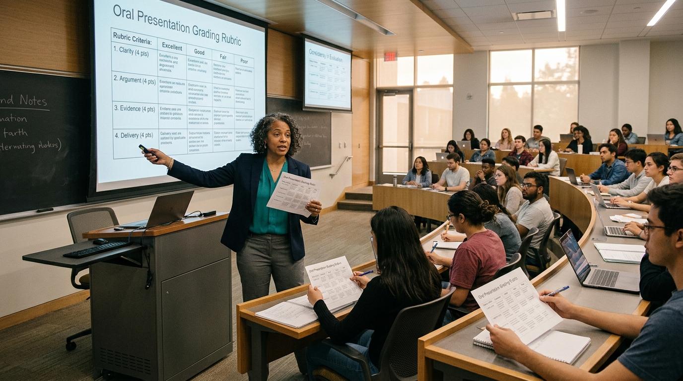Professional university classroom showing an instructor delivering consistent rubric-based assessment