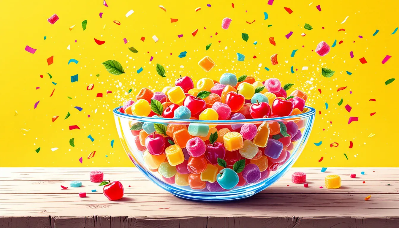 A colorful assortment of apple cider vinegar gummies displayed in a bowl.