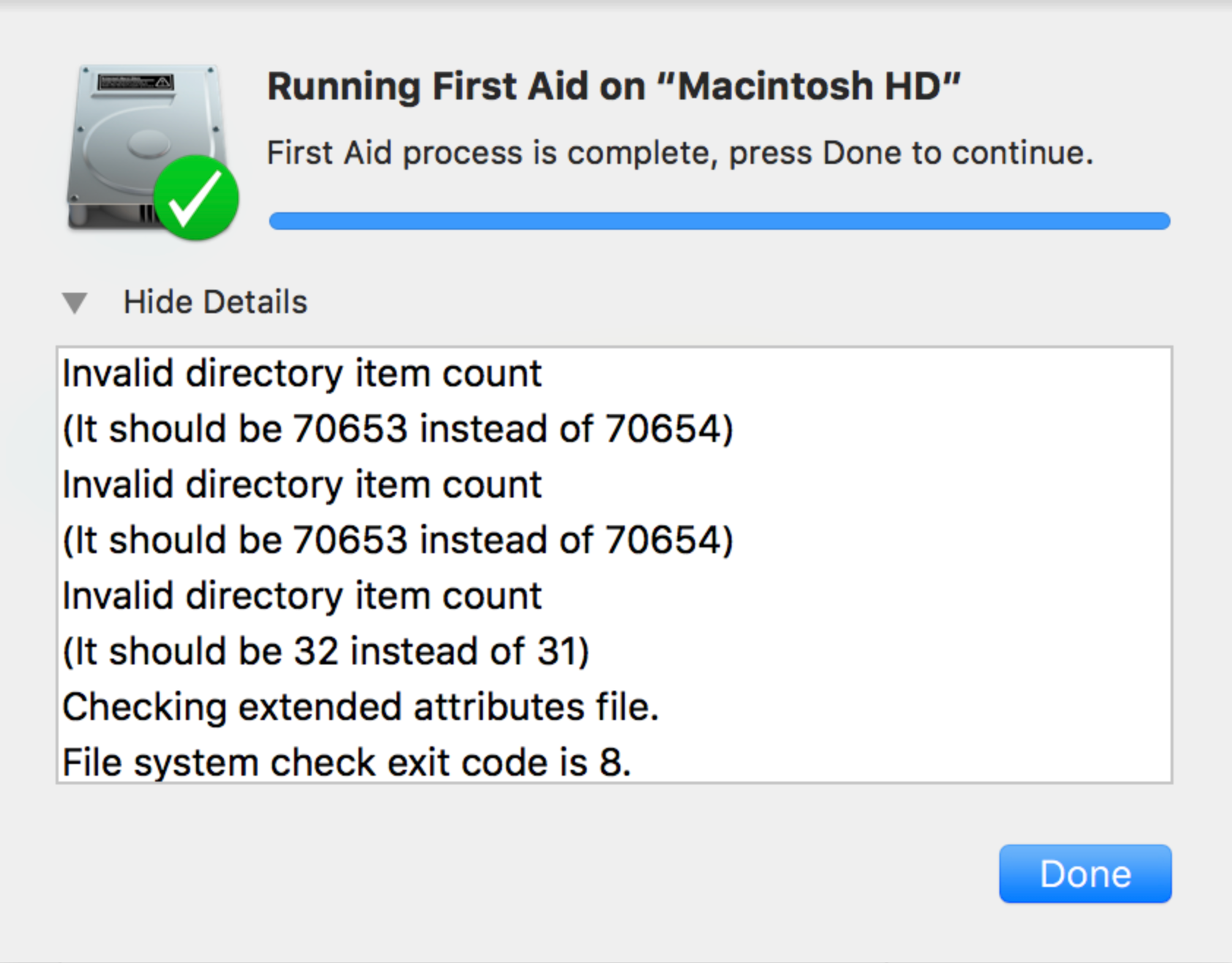 file system check exit code is 8. seagate expansion 8tb