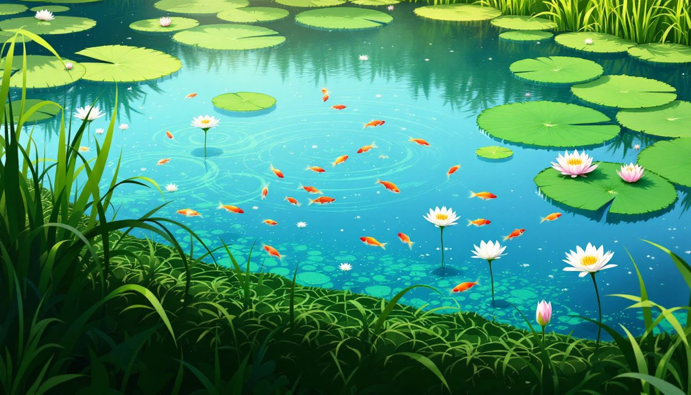 Aquatic plants playing a crucial role in biological filtration within a pond.