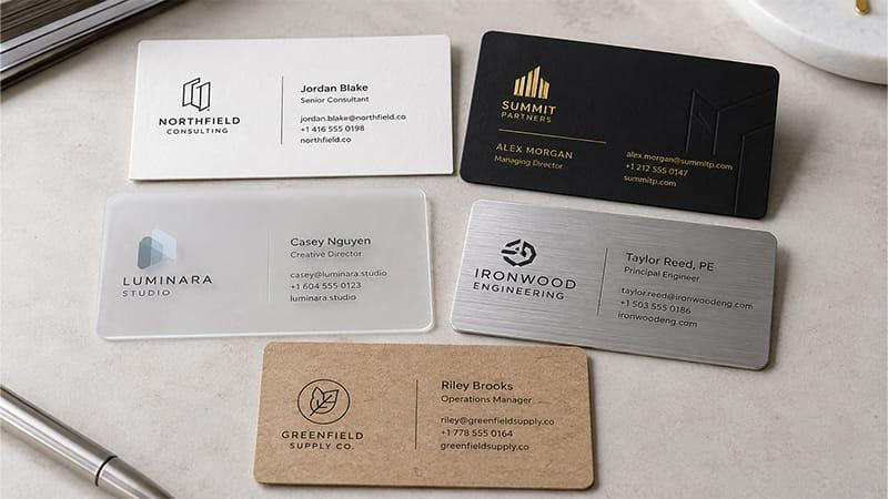 Business card finishes shown in foil, embossed, textured, plastic, and rounded-corner styles