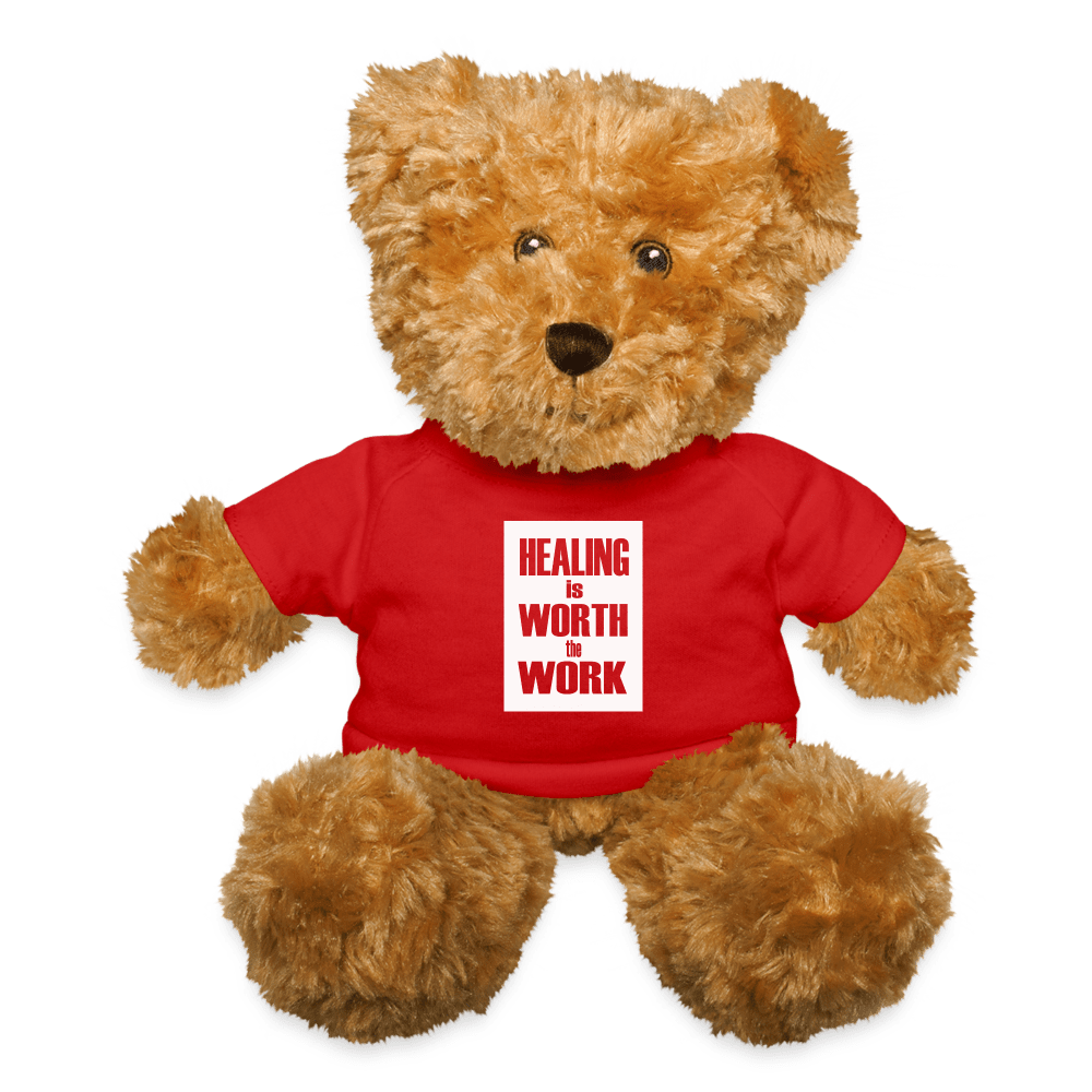 Comfort Bear wearing a Healing is Worth the Work t-shirt