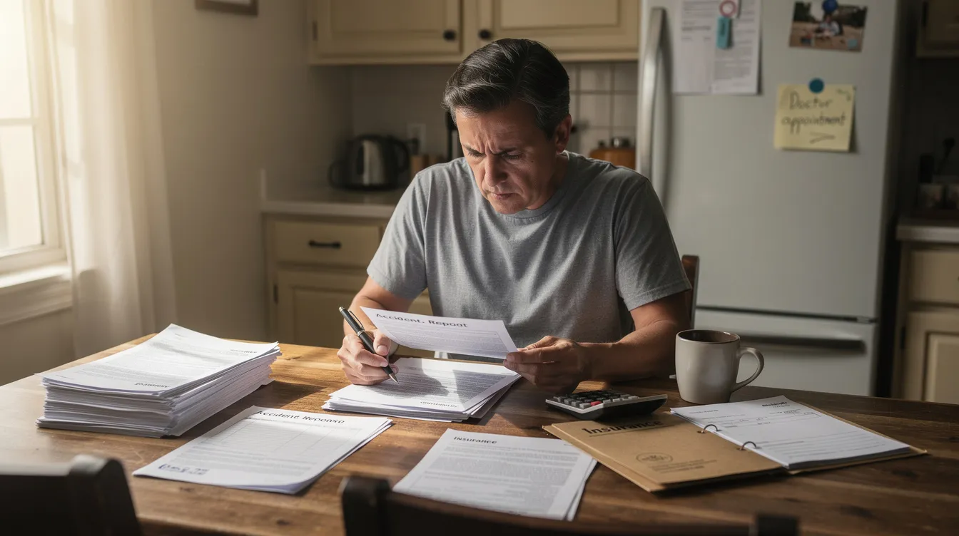 A person is sitting at a kitchen table, reviewing accident documents and medical paperwork related to a car accident claim. The scene conveys the importance of gathering evidence and understanding medical expenses for seeking fair compensation in personal injury cases.