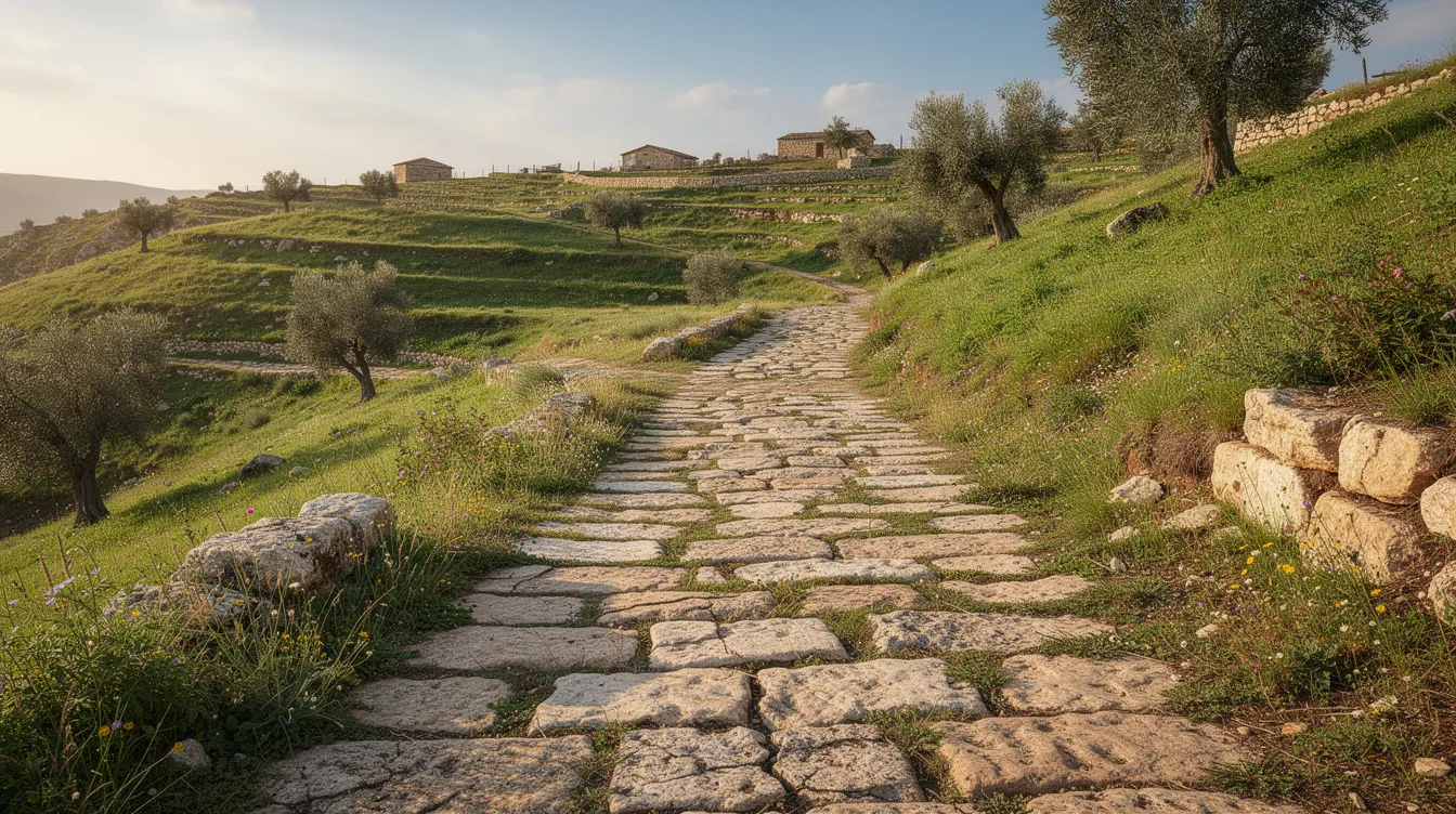 The image depicts an ancient stone road winding through a lush green hillside landscape, reminiscent of first-century Israel, a setting where Jesus asked curiosity questions to engage his followers. This serene pathway invites reflection on faith and the eternal life teachings found in the Holy Bible.