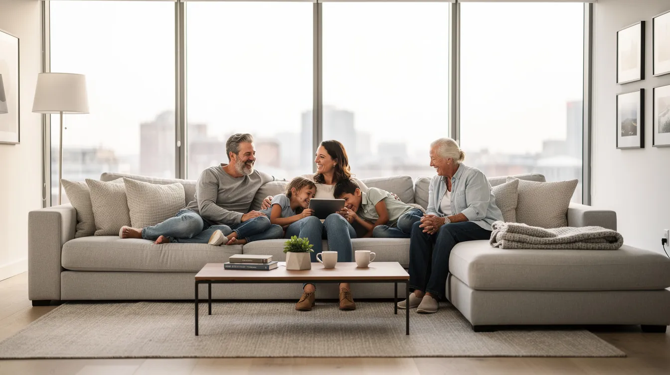 En stor U-formad divansoffa i beige färg fyller ett rymligt vardagsrum där en familj samlats för att umgås. Soffan erbjuder hög komfort och mjukhet, vilket gör den till en perfekt plats för avkoppling tillsammans.