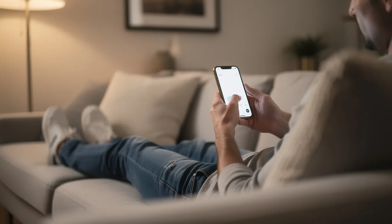 En person sitter avslappnat på en soffa och håller en smartphone i handen. I bakgrunden syns en mysig inredning som ger en känsla av lugn och komfort.