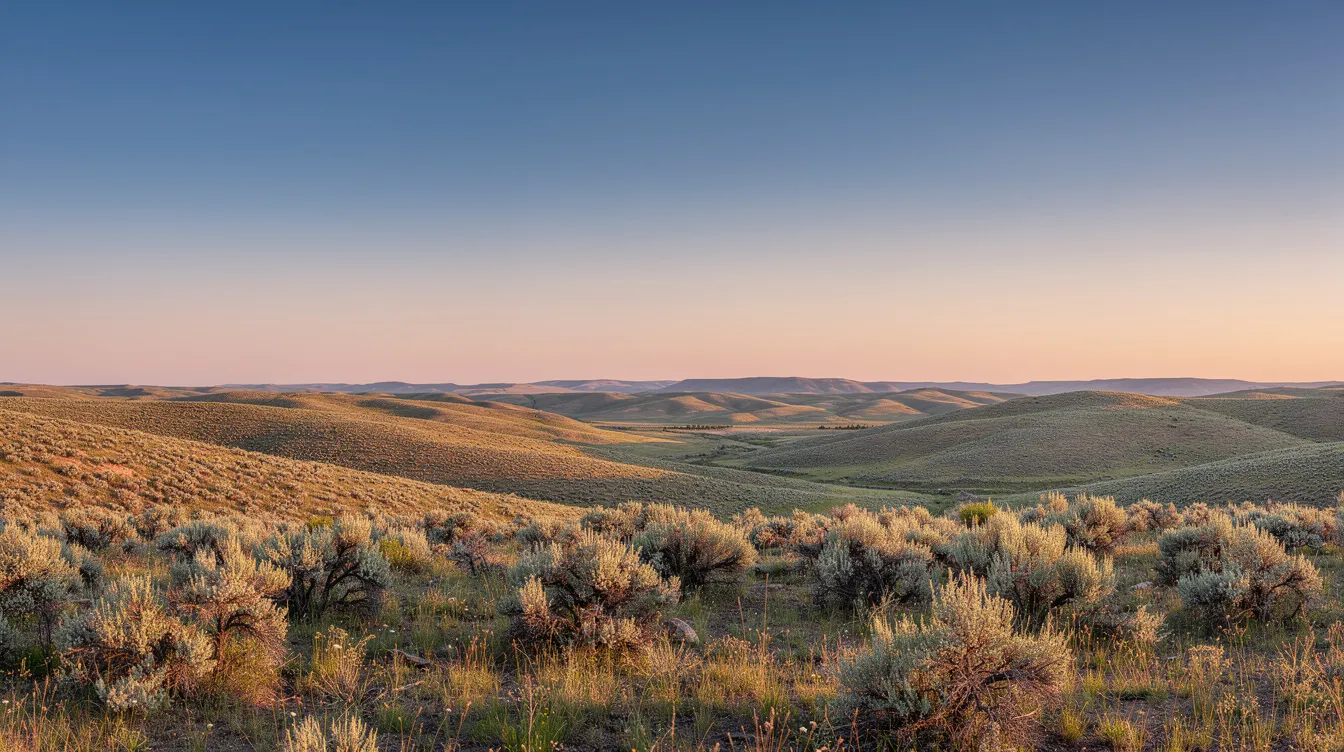The image depicts a wide Wyoming landscape featuring rolling hills under a clear sky at sunrise, showcasing the serene beauty of the state. This tranquil scene contrasts with the complexities of financial challenges like foreclosure and bankruptcy, reminding viewers of the importance of understanding Wyoming foreclosure laws and the bankruptcy process in managing their financial situation.