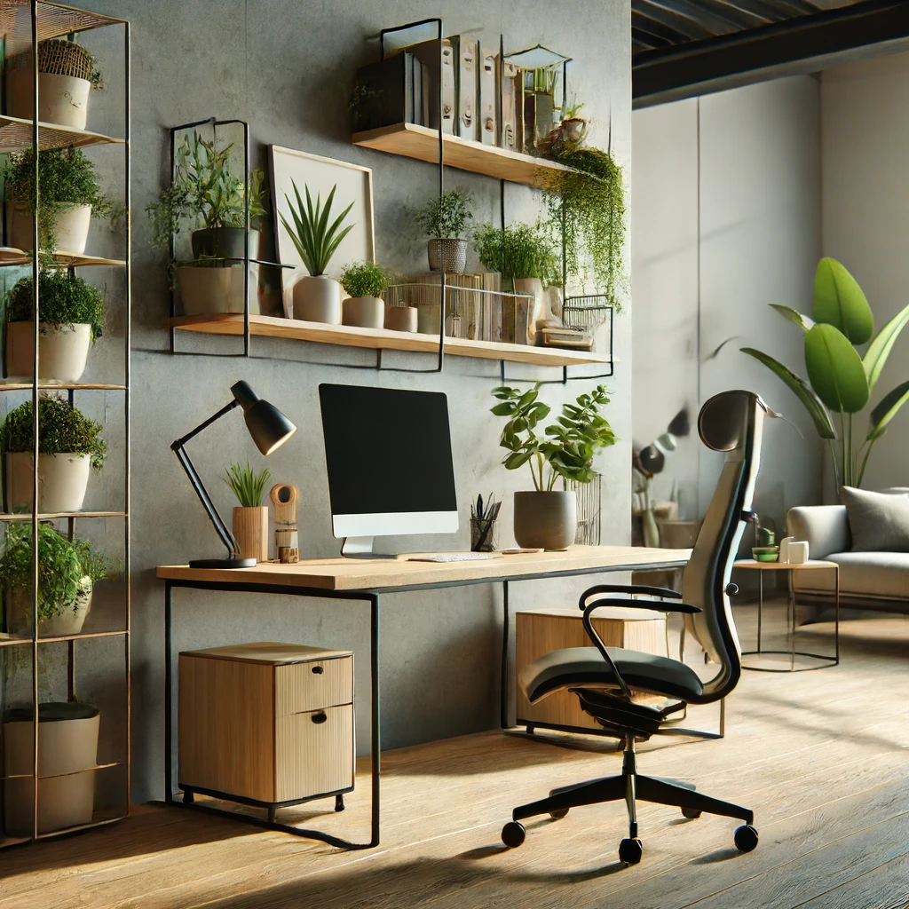 stylish and modern office furniture made from sustainable materials, highlighting sleek design and natural finishes, with elements like plants and natural light to enhance the overall aesthetic.