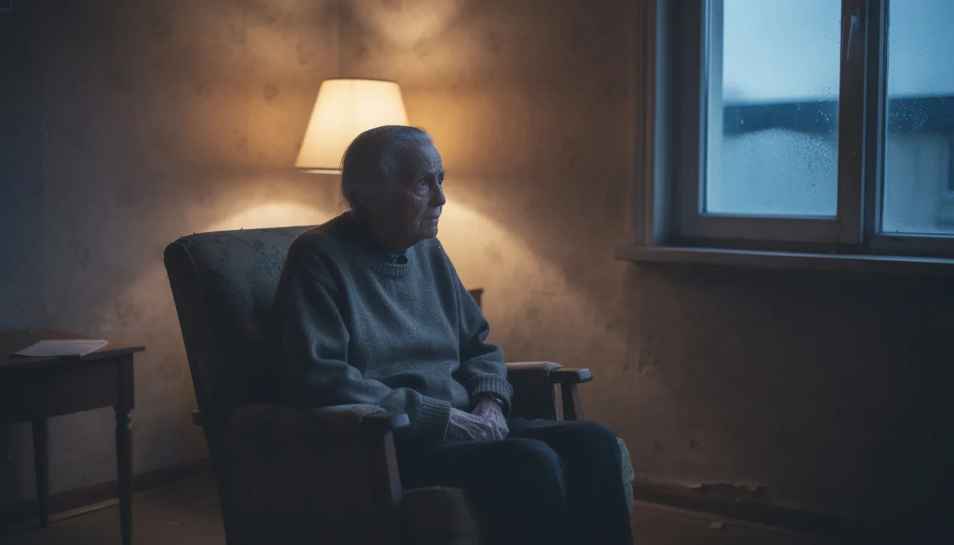 An elderly person sits alone in a dimly lit room, gazing out a window, embodying the isolation often associated with diogenes syndrome. The atmosphere reflects a sense of severe self-neglect and social withdrawal, common among individuals suffering from mental health conditions.