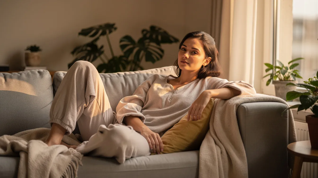 The image depicts a person lounging comfortably on a couch at home, dressed in loose clothing, exuding a sense of calm and relaxation. This serene atmosphere may resonate with those undergoing recovery after an inverted nipple surgery, as they find comfort during their healing process.