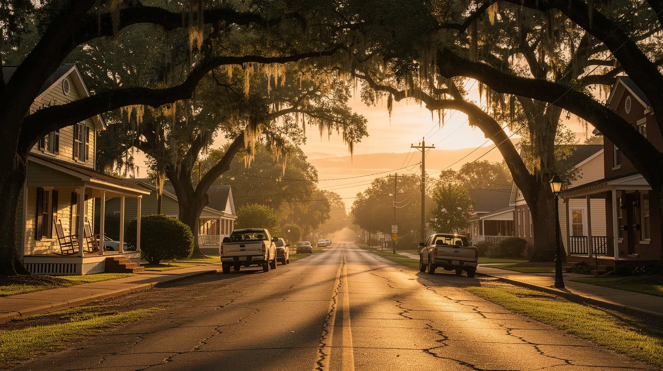 The image depicts a serene tree-lined street in a small Louisiana town bathed in the warm glow of golden hour, with soft sunlight filtering through the leaves. This peaceful scene evokes a sense of calm, contrasting with the challenges faced by those navigating the complexities of social security disability benefits and chronic pain.