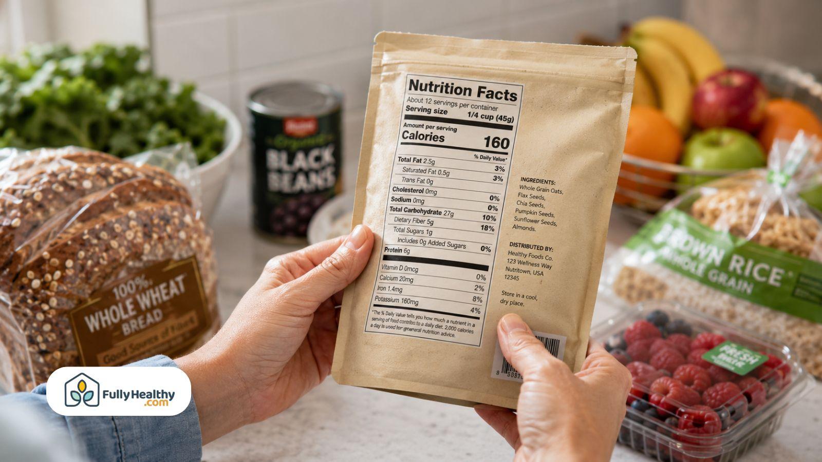 Reading nutrition label to compare dietary fiber content before grocery purchase today