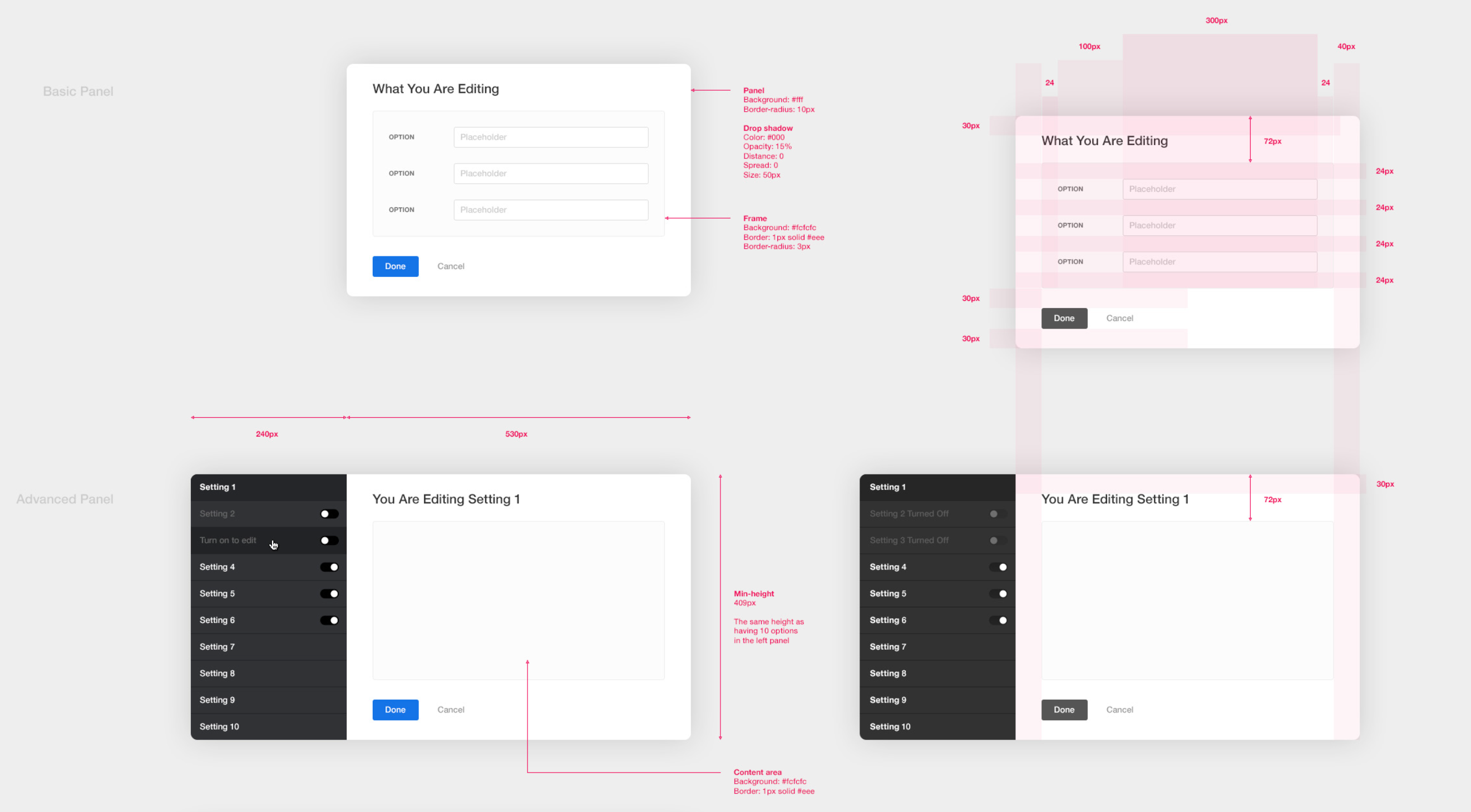 Specs showing spacing values across screens