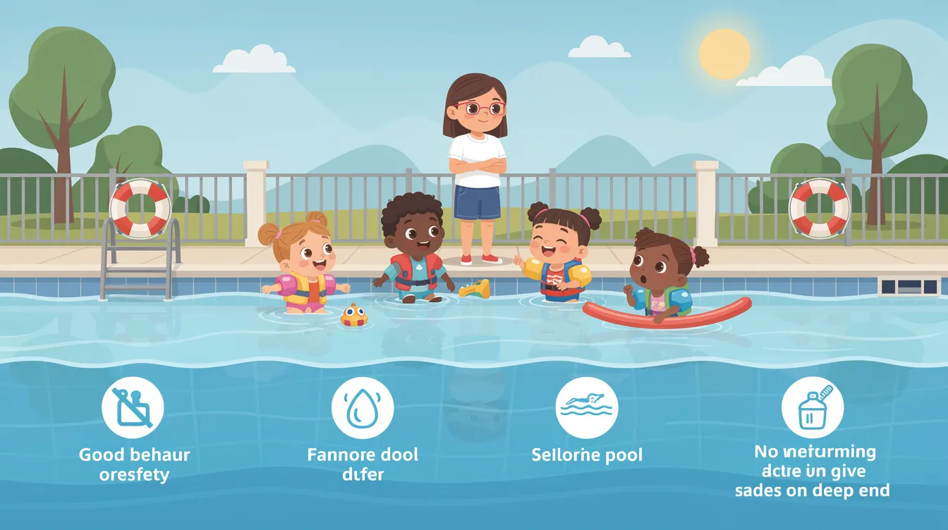 A parent supervising children playing near a pool.