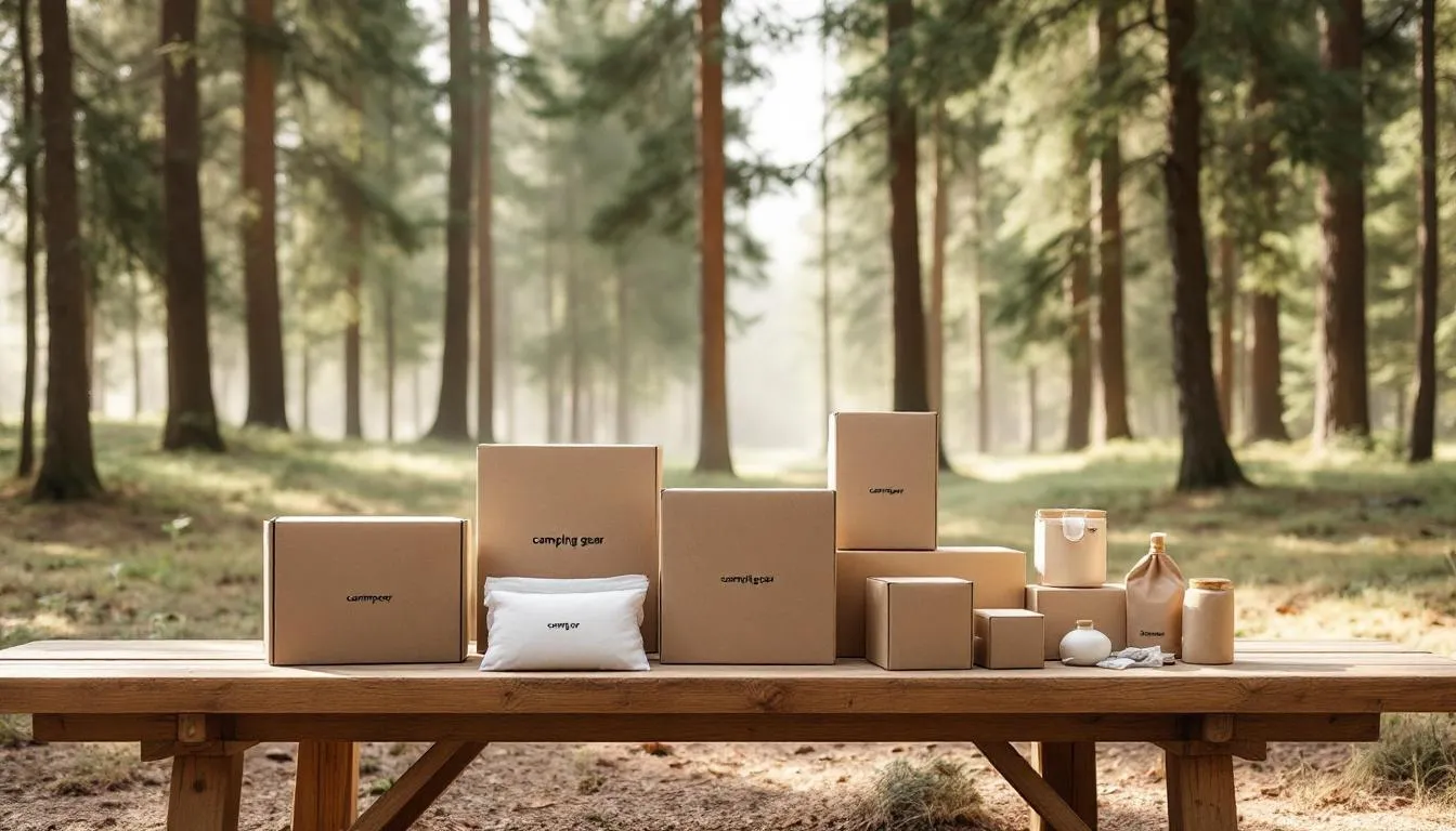 An assortment of camping gear subscription boxes displayed outdoors.