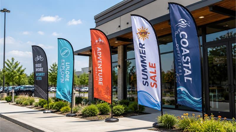 Feather banners and outdoor flags displayed outside a storefront for seasonal sales and brand promotion.