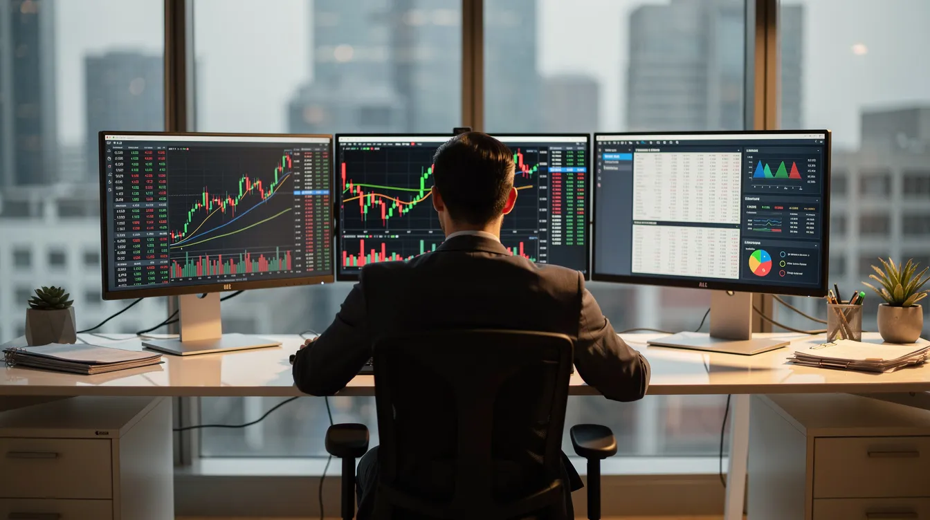 The image shows a person in a modern office setting, intently analyzing financial data displayed across multiple computer screens. This scene reflects the dynamic environment of financial services companies, where professionals utilize technology and data to inform investment and advisory services.
