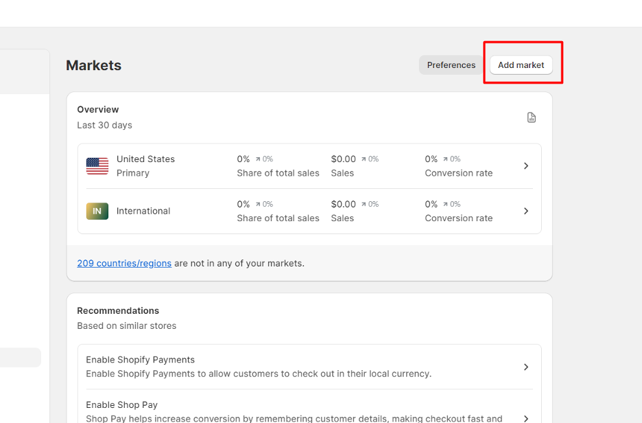 Shopify dashboard - Market settings - Adding new markets